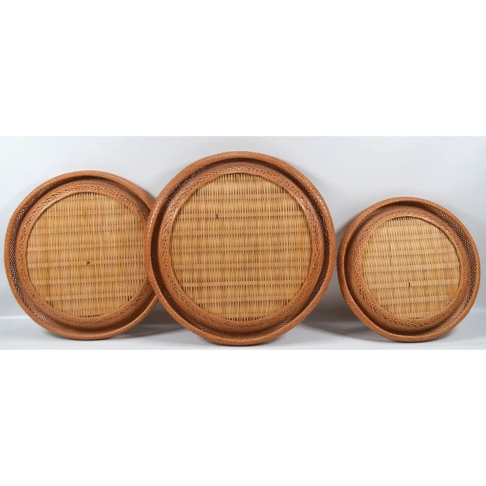 VTG Hand Woven Bamboo Wicker Philippines Round‎ Hanging Wall Home Decor Lot Of 3